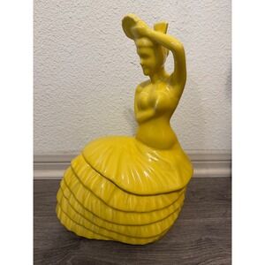 Fiesta Dancing Lady Cookie Jar Yellow Sunflower Vintage Kitchenware Retro